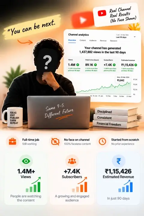 Real student result: faceless YouTube channel with 1.4M views, 7.4K subscribers and ₹1,15,426 estimated revenue in 90 days