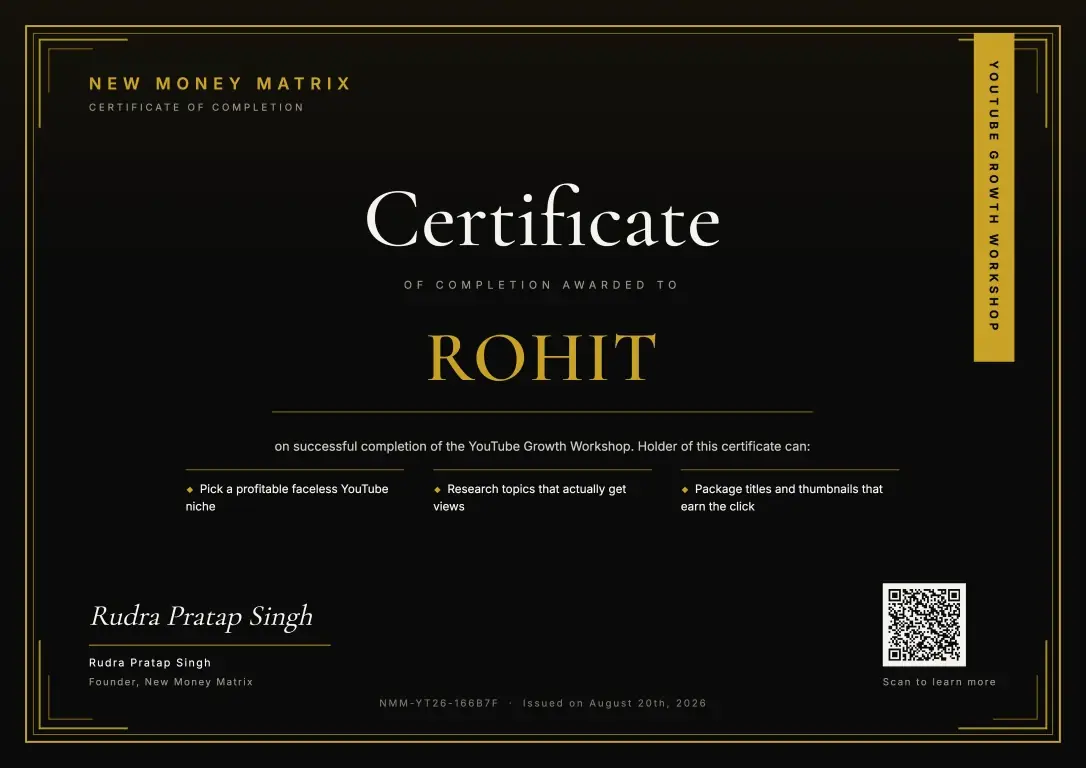Certificate of Completion for the YouTube Growth Workshop by New Money Matrix