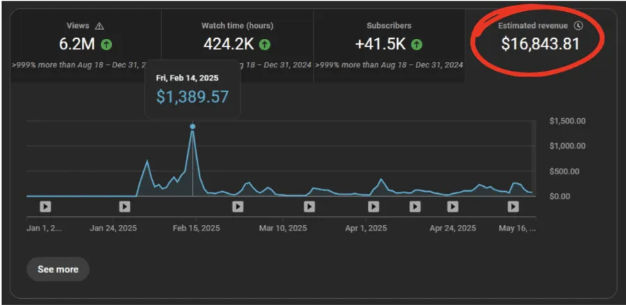 YouTube Studio revenue screenshot showing $16,843.81 estimated revenue