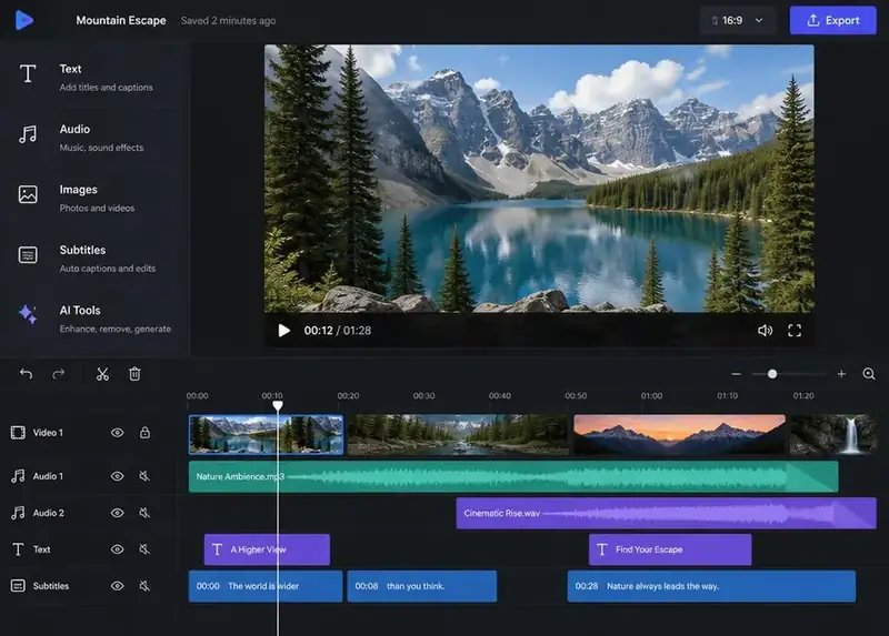 Video editing software with timeline, subtitles and AI tools