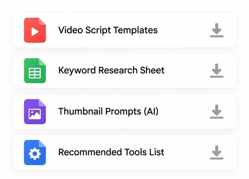 Downloadable resources: script templates, keyword sheet, thumbnail prompts and tools list