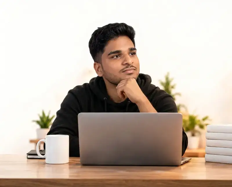 Rudra Pratap Singh at his desk behind a laptop